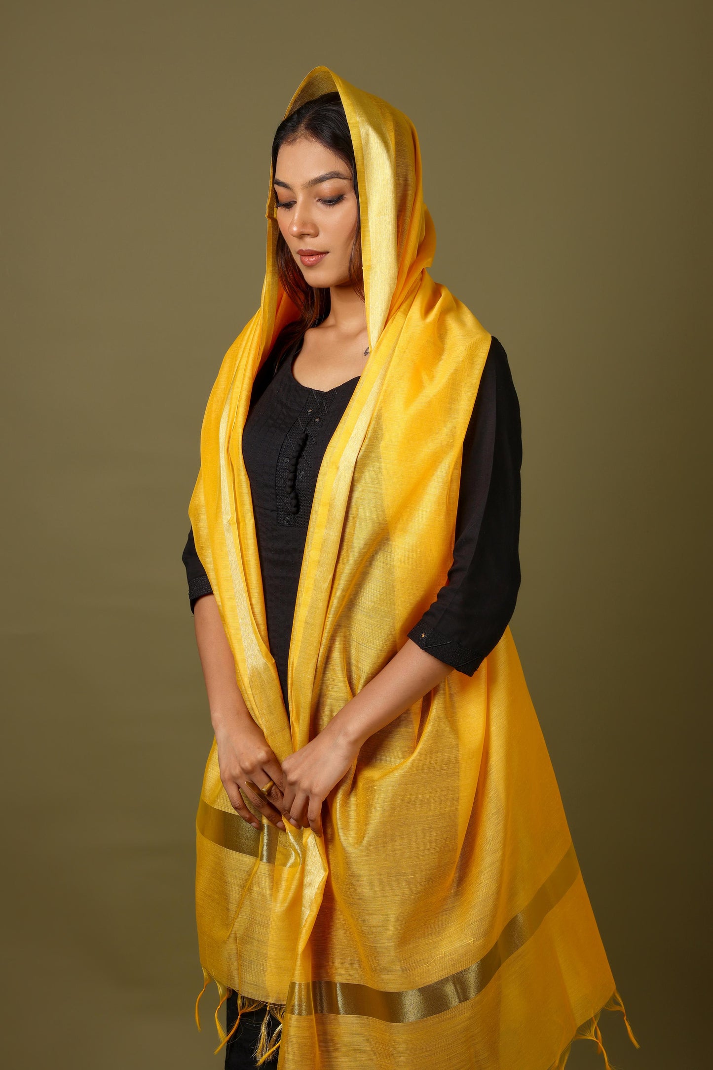OMVAI Golden Border Chanderi Silk Dupatta - Sunshine Yellow