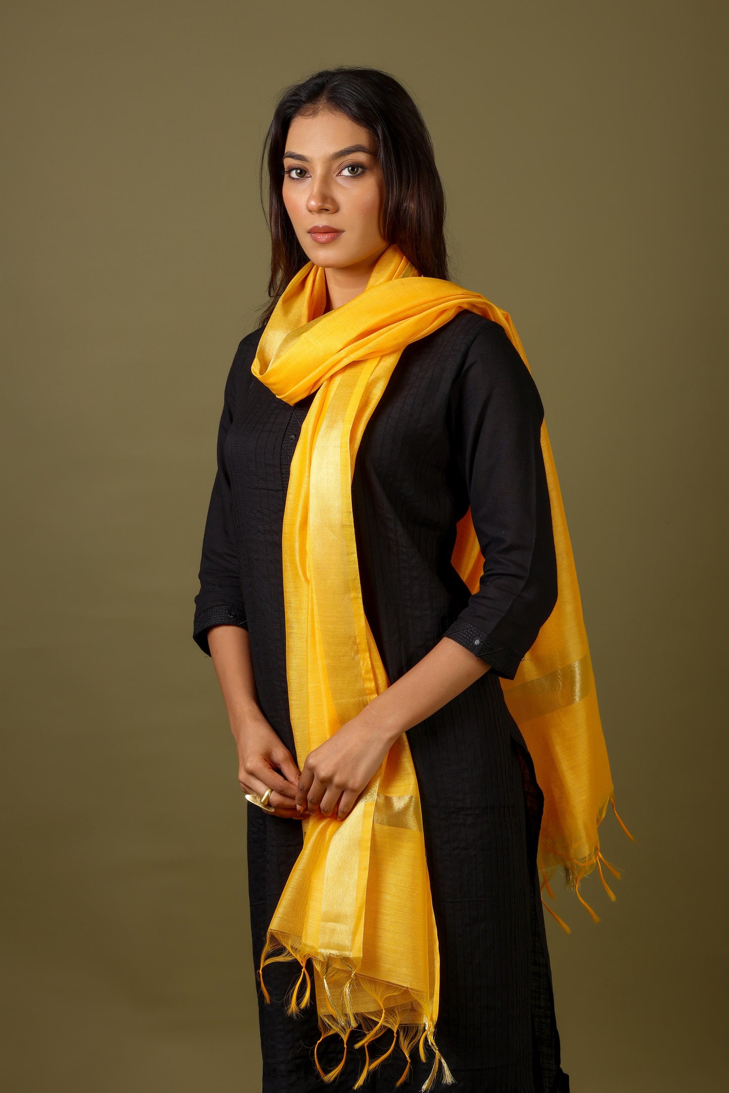 OMVAI Golden Border Chanderi Silk Dupatta - Sunshine Yellow
