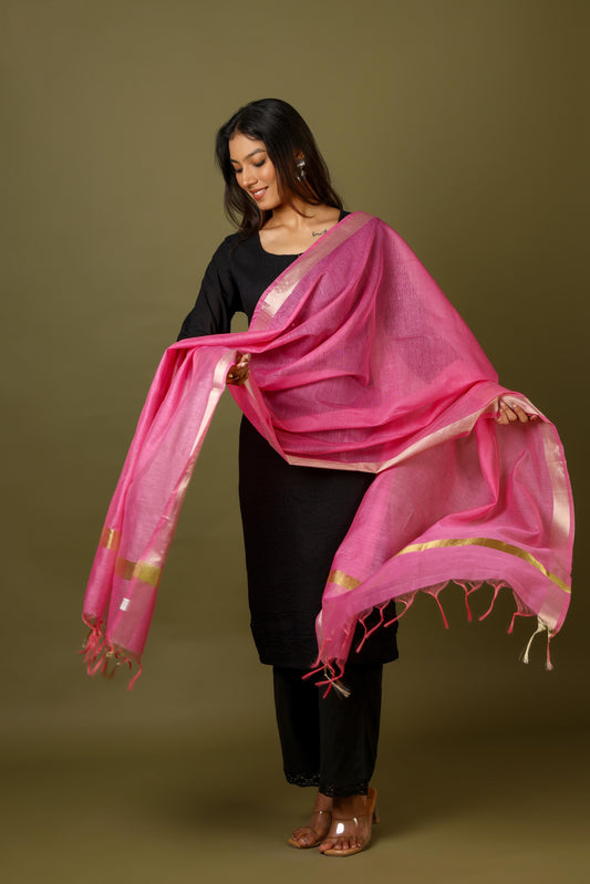 OMVAI Golden Border Chanderi Silk Dupatta - Hot Pink