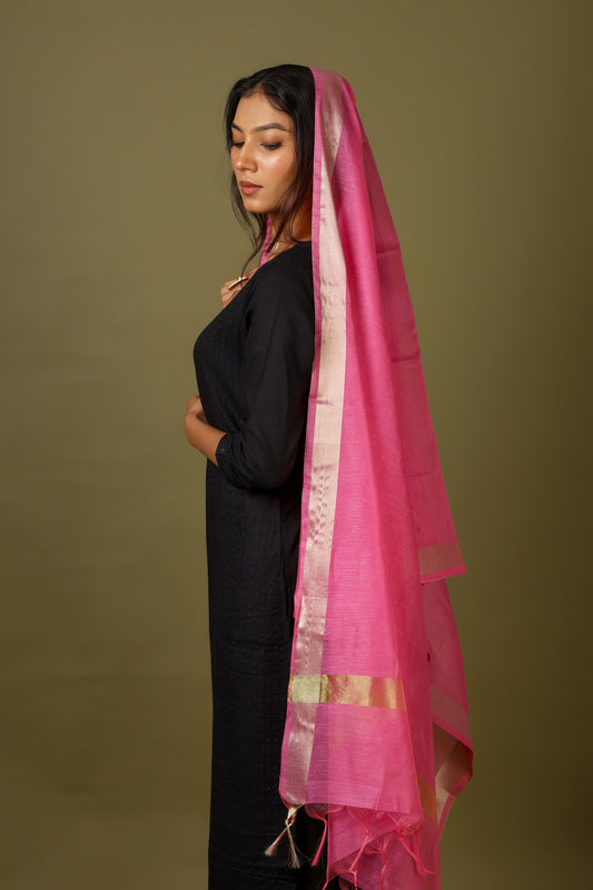 OMVAI Golden Border Chanderi Silk Dupatta - Hot Pink