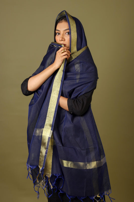 OMVAI Golden Border Chanderi Silk Dupatta - Navy