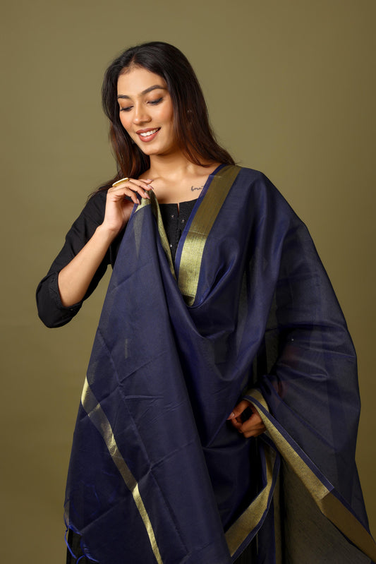 OMVAI Golden Border Chanderi Silk Dupatta - Navy
