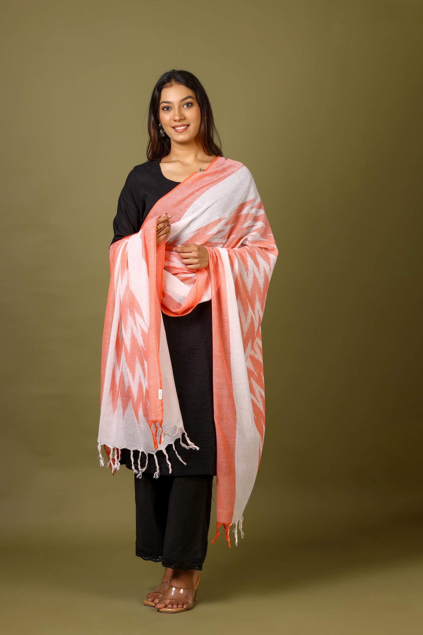 OMVAI The IKAT Dupatta with Tassels - Classy Coral
