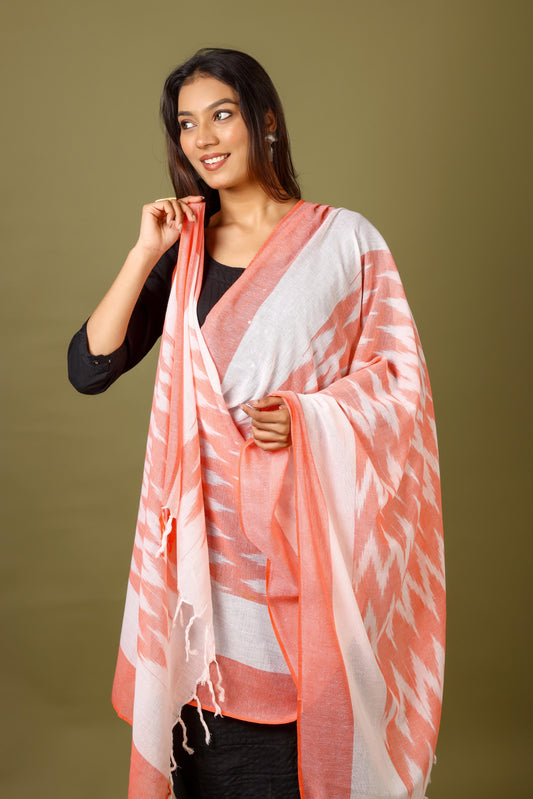 OMVAI The IKAT Dupatta with Tassels  - Classy Coral
