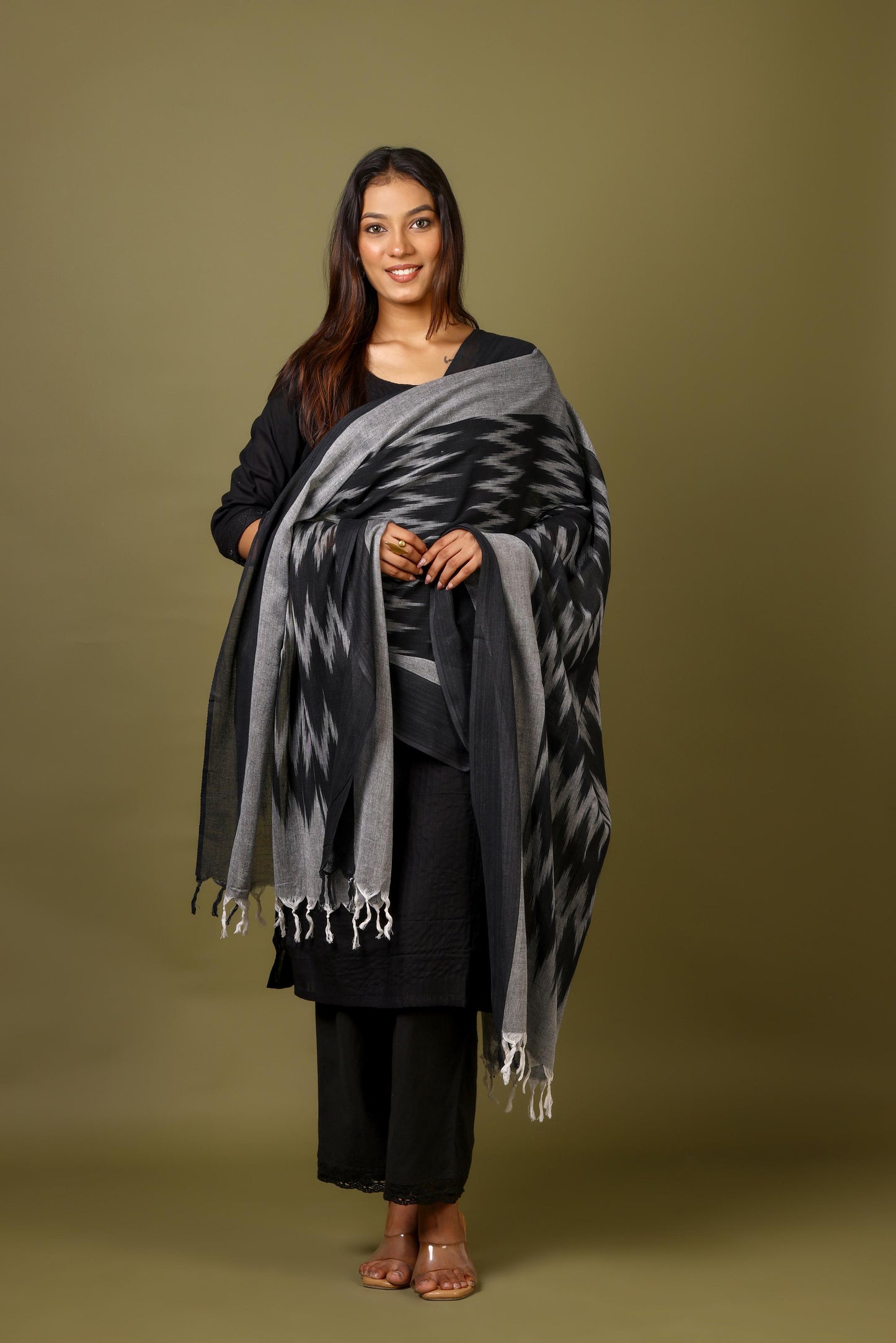 OMVAI The IKAT Dupatta with Tassels - Midnight Black