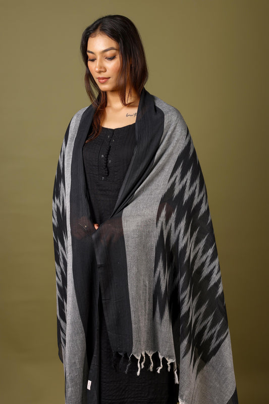 OMVAI The IKAT Dupatta with Tassels  - Midnight Black