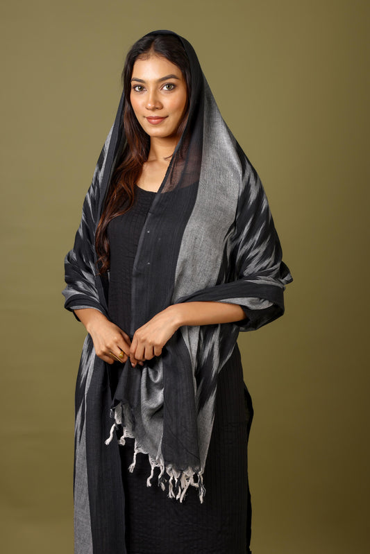 OMVAI The IKAT Dupatta with Tassels  - Midnight Black