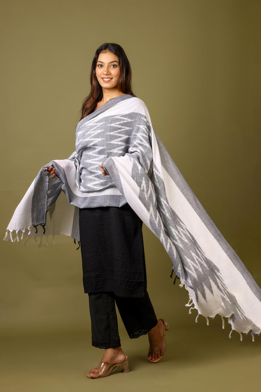OMVAI The IKAT Dupatta with Tassels  -  Steel Grey