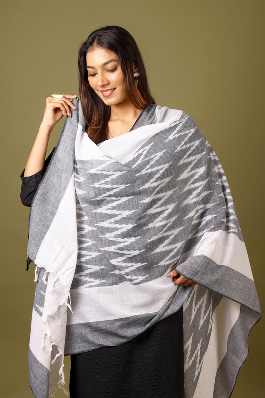 OMVAI The IKAT Dupatta with Tassels  -  Steel Grey