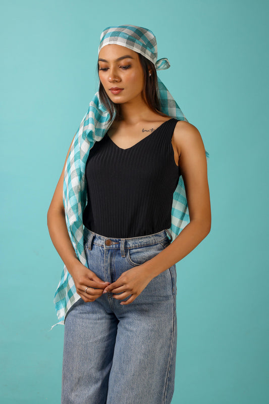 Linen Classic Gingham Checks - Turquoise Blue