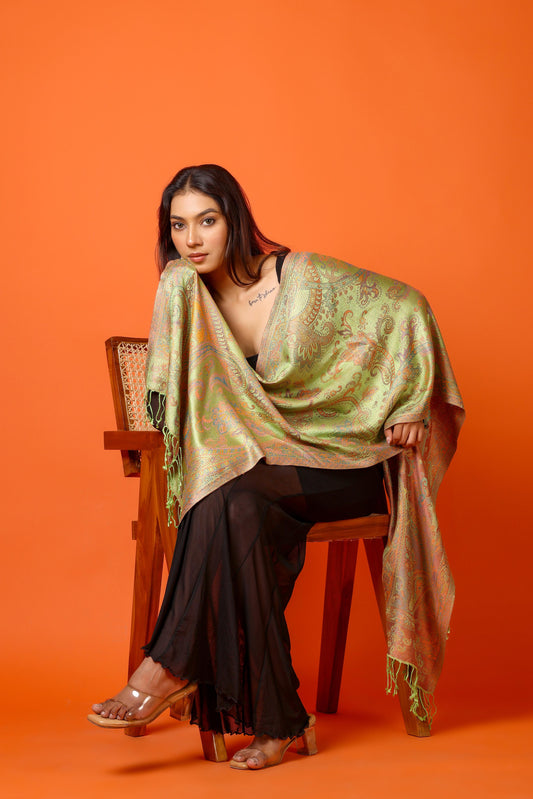 OMVAI Victorian Paisley Premium Woven Silk Stole -  Warm Yellow