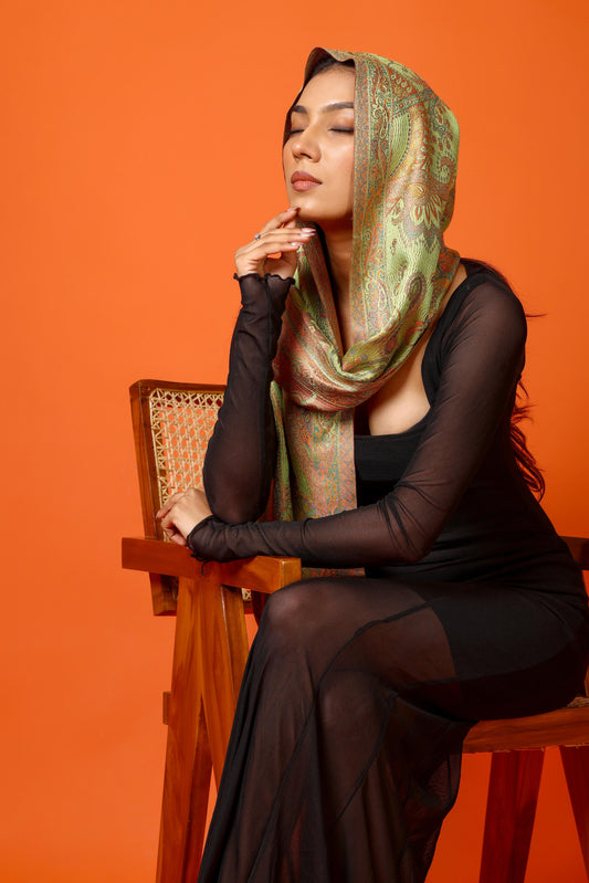 OMVAI Victorian Paisley Premium Woven Silk Stole -  Yellow Iris