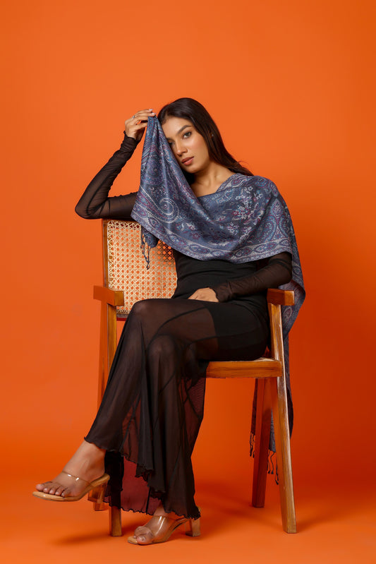 OMVAI Victorian Paisley Premium Woven Silk Stole - Blue Regalia