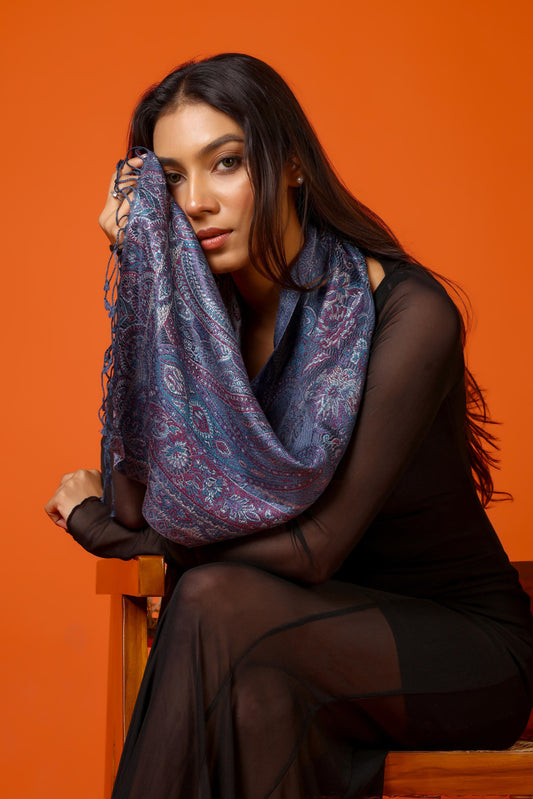 OMVAI Victorian Paisley Premium Woven Silk Stole - Blue Regalia