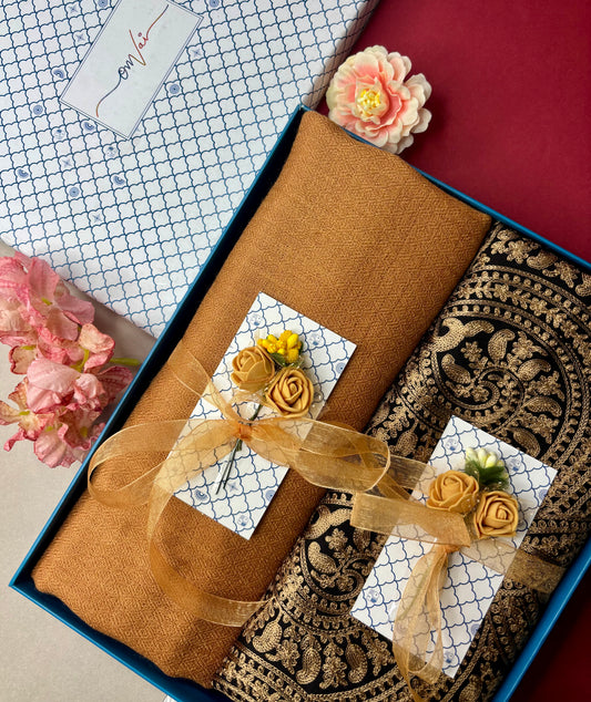 OMVAI Embroidery Pashmina Combo Gift Set in Pure Cashmere wool - Black Embroidered Stole with Silver Golden Yellow Solid Stole (Set of  2 - For HIM and for HER)