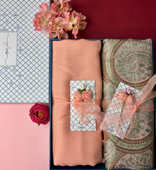 OMVAI Embroidery Pashmina Combo Gift Set in Pure Cashmere wool - Natural Embroidered Stole with Peach Solid Stole (Set of  2 - For HIM and for HER)