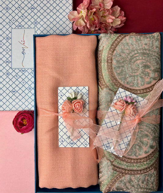 OMVAI Embroidery Pashmina Combo Gift Set in Pure Cashmere wool - Natural Embroidered Stole with Peach Solid Stole (Set of  2 - For HIM and for HER)