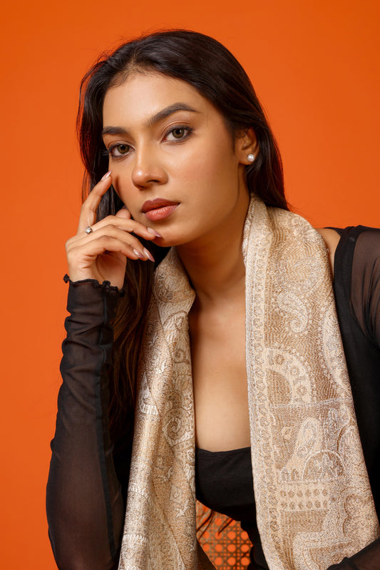 OMVAI Victorian Paisley Premium Woven Silk Stole - Nude Gold