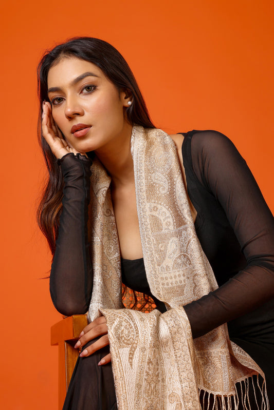 OMVAI Victorian Paisley Premium Woven Silk Stole - Nude Gold