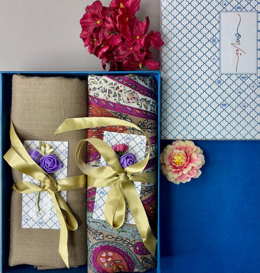 OMVAI Pashmina Combo Gift Set in Pure Cashmere wool - Clay Kalamkari Kani with Embroidery and solid (Set of 2 - For HIM and for HER)