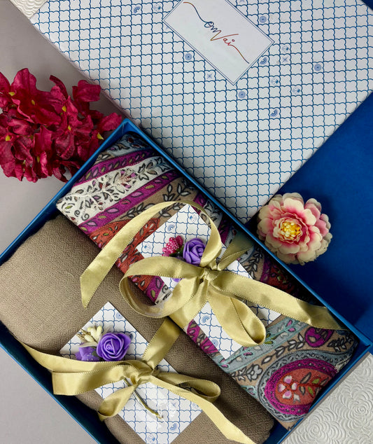 OMVAI Pashmina Combo Gift Set in Pure Cashmere wool - Clay Kalamkari Kani with Embroidery and solid (Set of 2 - For HIM and for HER)