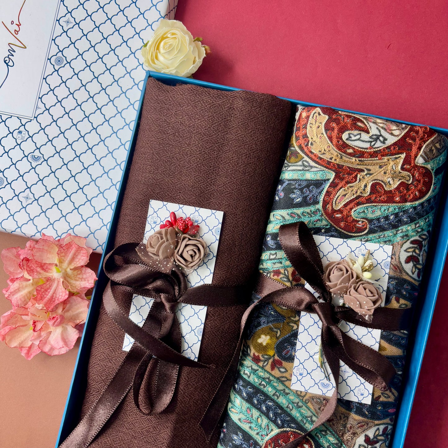 OMVAI Pashmina Combo Gift Set in Pure Cashmere wool - Chocolate Kalamkari Kani with Embroidery and solid (Set of 2 - For HIM and for HER)