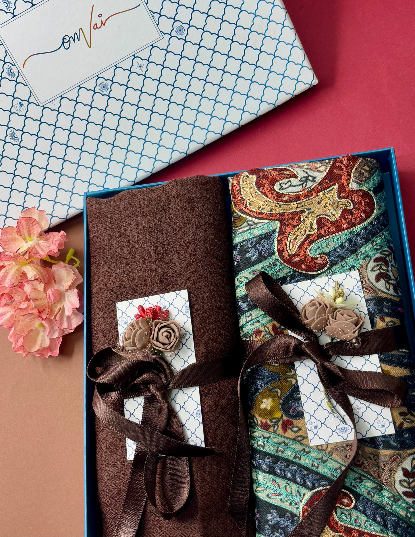 OMVAI Pashmina Combo Gift Set in Pure Cashmere wool - Chocolate Kalamkari Kani with Embroidery and solid (Set of 2 - For HIM and for HER)