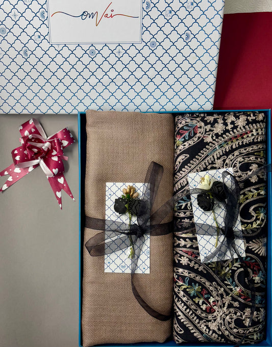 OMVAI Embroidery Pashmina Combo Gift Set in Pure Cashmere wool - Black Embroidered Stole with Clay Solid Stole (Set of  2 - For HIM and for HER)