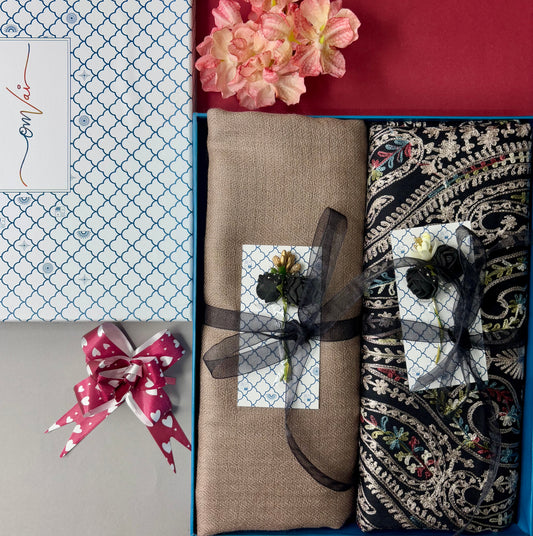 OMVAI Embroidery Pashmina Combo Gift Set in Pure Cashmere wool - Black Embroidered Stole with Clay Solid Stole (Set of  2 - For HIM and for HER)