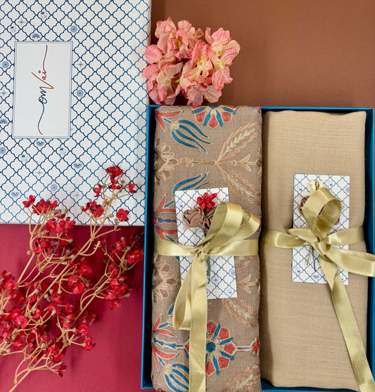 OMVAI Embroidery Pashmina Combo Gift Set in Pure Cashmere wool - Caramel Embroidered Stole with  Beige Solid Stole (Set of  2 - For HIM and for HER)