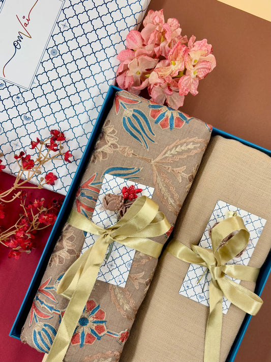 OMVAI Embroidery Pashmina Combo Gift Set in Pure Cashmere wool - Caramel Embroidered Stole with  Beige Solid Stole (Set of  2 - For HIM and for HER)