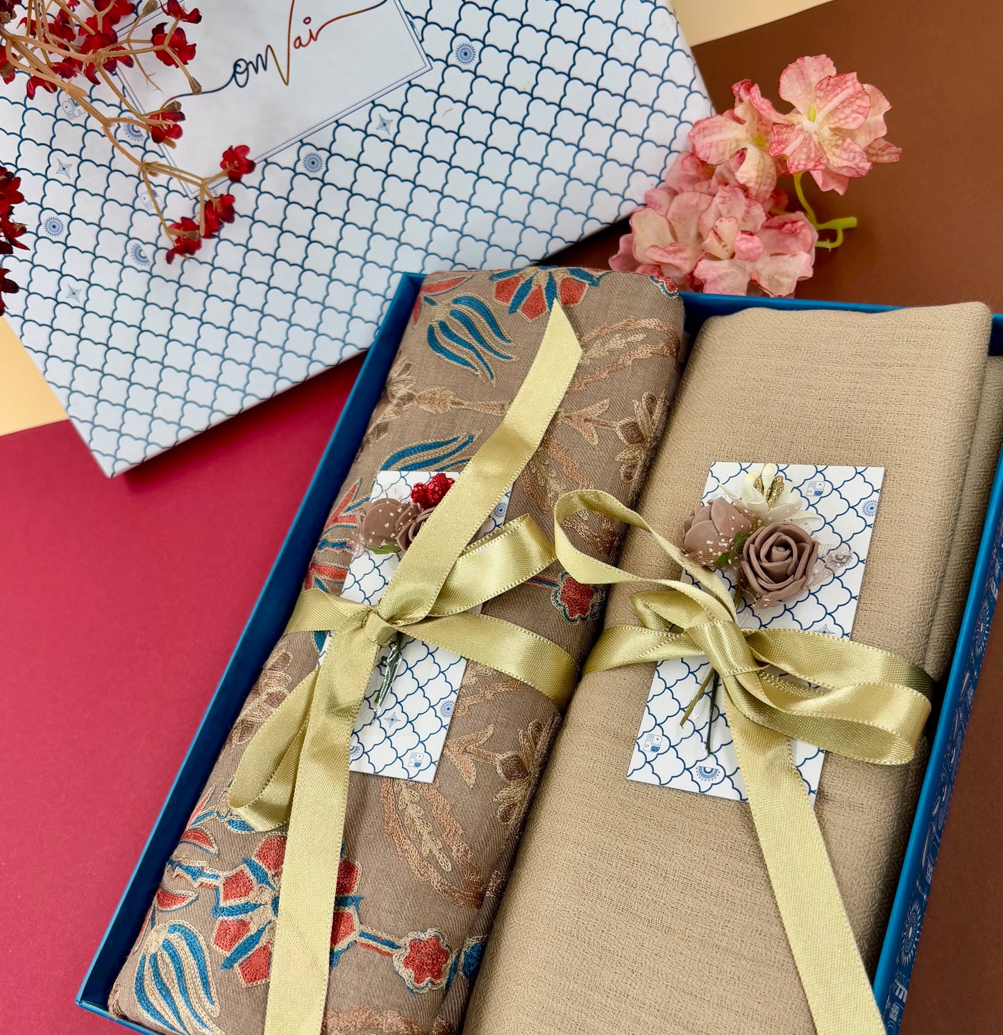 OMVAI Embroidery Pashmina Combo Gift Set in Pure Cashmere wool - Caramel Embroidered Stole with Beige Solid Stole (Set of 2 - For HIM and for HER)