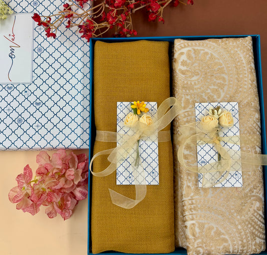 OMVAI Embroidery Pashmina Combo Gift Set in Pure Cashmere wool - Beige Embroidered Stole with  Nude Gold Solid Stole (Set of  2 - For HIM and for HER)