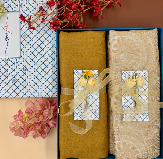 OMVAI Embroidery Pashmina Combo Gift Set in Pure Cashmere wool - Beige Embroidered Stole with  Nude Gold Solid Stole (Set of  2 - For HIM and for HER)