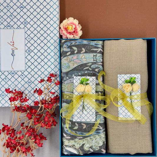 OMVAI Pashmina Combo Gift Set in Pure Cashmere wool - Beige Kalamkari Kani with Embroidery and solid (Set of 2 - For HIM and for HER)