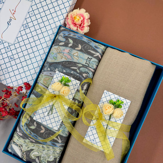 OMVAI Pashmina Combo Gift Set in Pure Cashmere wool - Beige Kalamkari Kani with Embroidery and solid (Set of 2 - For HIM and for HER)