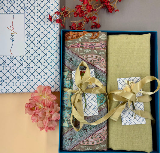 OMVAI Pashmina Combo Gift Set in Pure Cashmere wool - Artichoke  Kalamkari Kani with Embroidery and solid (Set of 2 - For HIM and for HER)