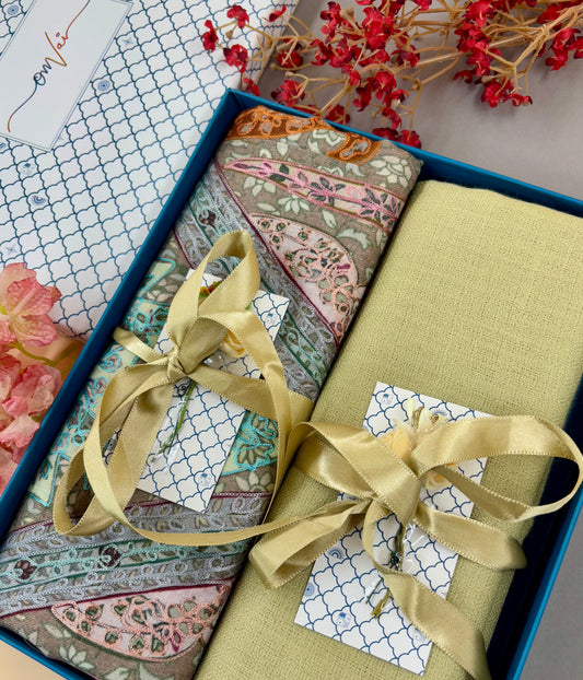 OMVAI Pashmina Combo Gift Set in Pure Cashmere wool - Artichoke  Kalamkari Kani with Embroidery and solid (Set of 2 - For HIM and for HER)