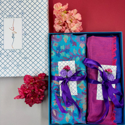 OMVAI Modal Combo Gift Set in Aqua Kani and Reversible Modal in Fine Quality (Set of 2)  - For HIM and for HER)