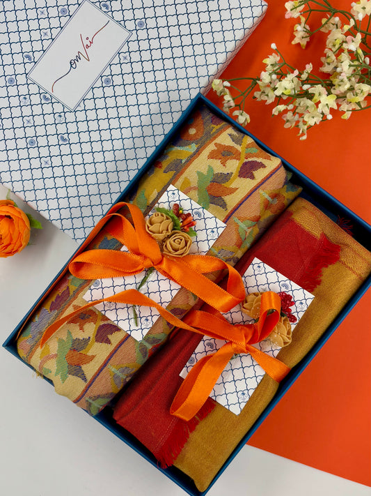 OMVAI Modal Combo Gift Set in Ochre Kani and Reversible Modal in Fine Quality (Set of 2)  - For HIM and for HER