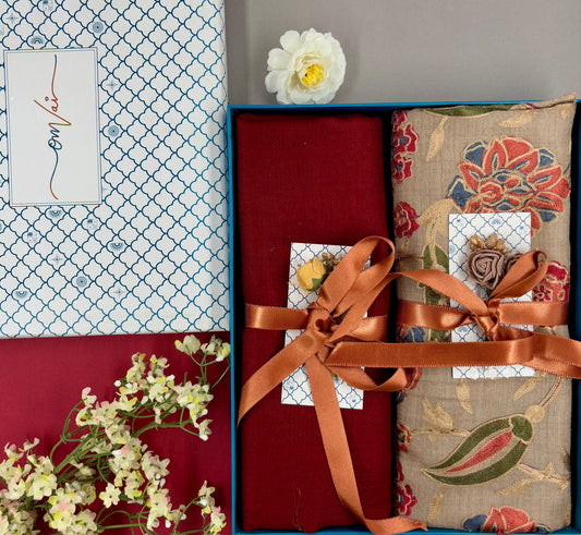 OMVAI Embroidery Pashmina Combo Gift Set in Pure Cashmere wool - Beige Embroidered Stole with Red Solid Stole (Set of  2 - For HIM and for HER)