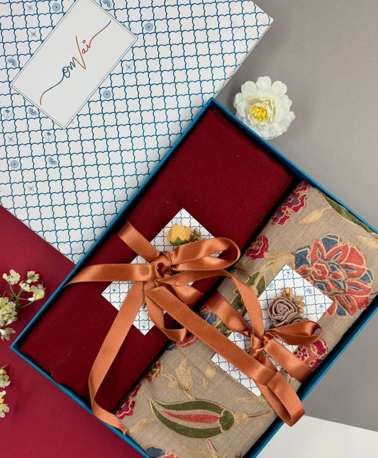 OMVAI Embroidery Pashmina Combo Gift Set in Pure Cashmere wool - Beige Embroidered Stole with Red Solid Stole (Set of  2 - For HIM and for HER)