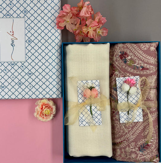 OMVAI Embroidery Pashmina Combo Gift Set in Pure Cashmere wool - Natural Embroidered Stole with Ivory Solid Stole (Set of  2 - For HIM and for HER)