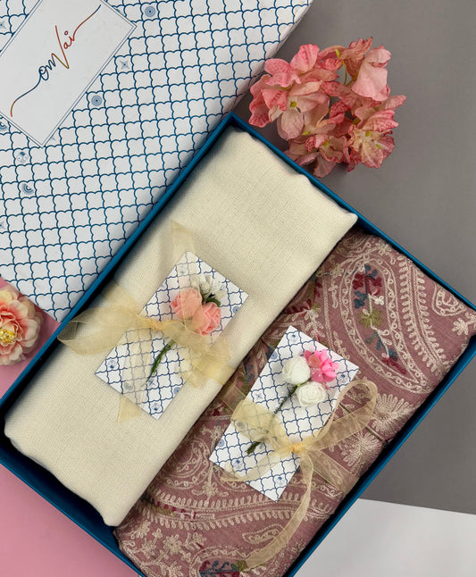OMVAI Embroidery Pashmina Combo Gift Set in Pure Cashmere wool - Natural Embroidered Stole with Ivory Solid Stole (Set of  2 - For HIM and for HER)