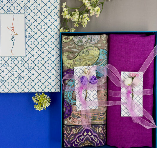 OMVAI Pashmina Combo Gift Set in Pure Cashmere wool - Purple Kalamkari Kani with Embroidery and solid (Set of 2 - For HIM and for HER)