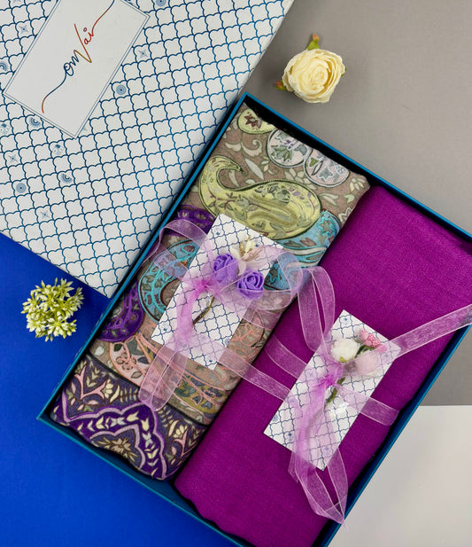 OMVAI Pashmina Combo Gift Set in Pure Cashmere wool - Purple Kalamkari Kani with Embroidery and solid (Set of 2 - For HIM and for HER)