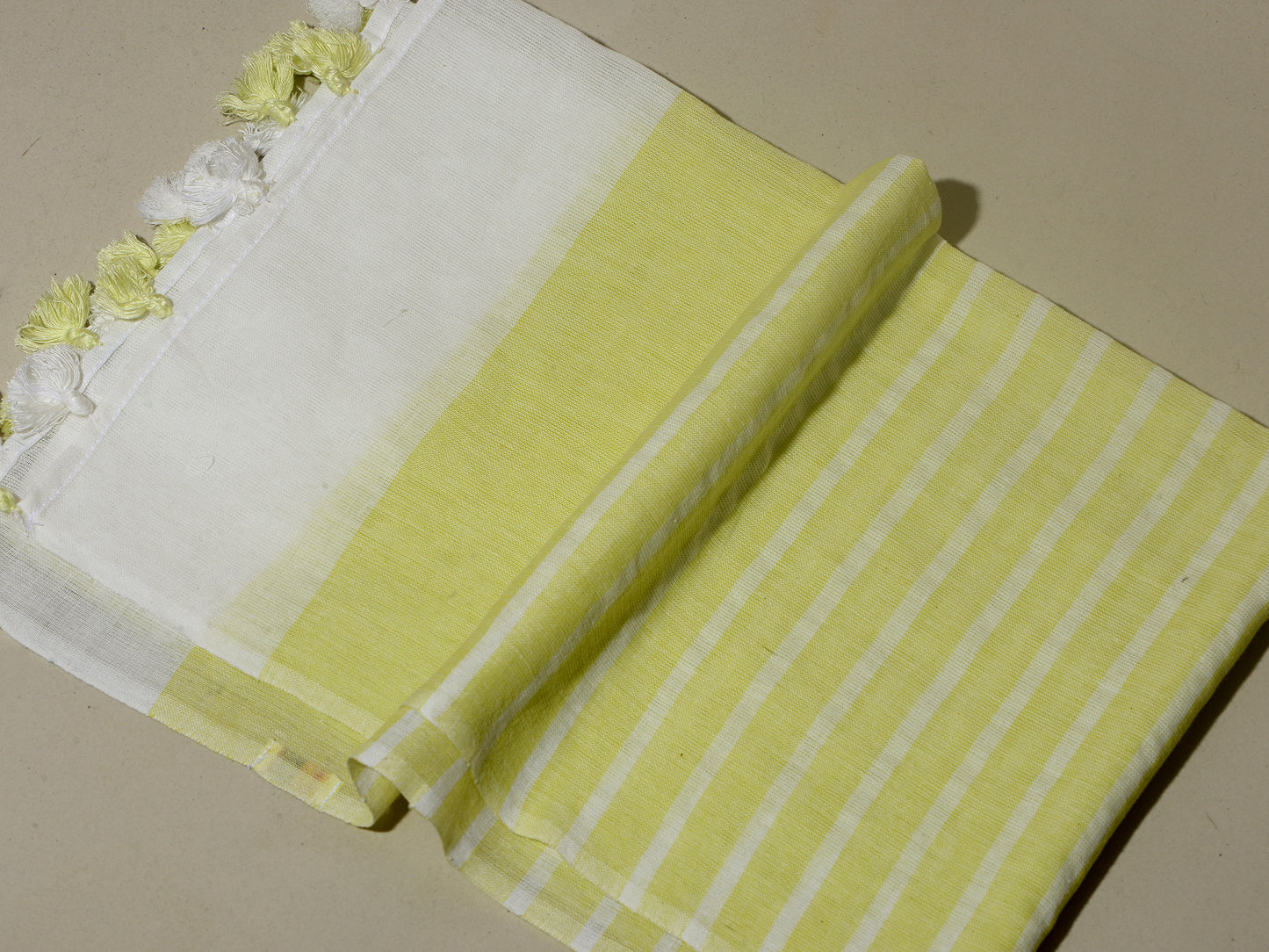 OMVAI Handcrafted Striped Linen Stole with Tassels - Lemon Green
