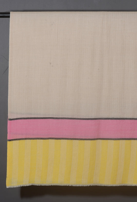 Striped Border Pashmina  - Natural with pink and sunshine yellow stripes