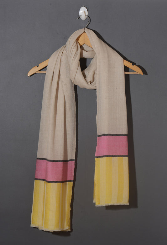 Striped Border Pashmina  - Natural with pink and sunshine yellow stripes