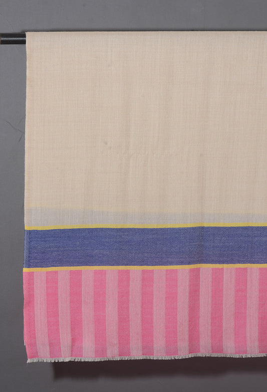 Striped Border Pashmina  - Natural with Royal Blue and Pink Stripes